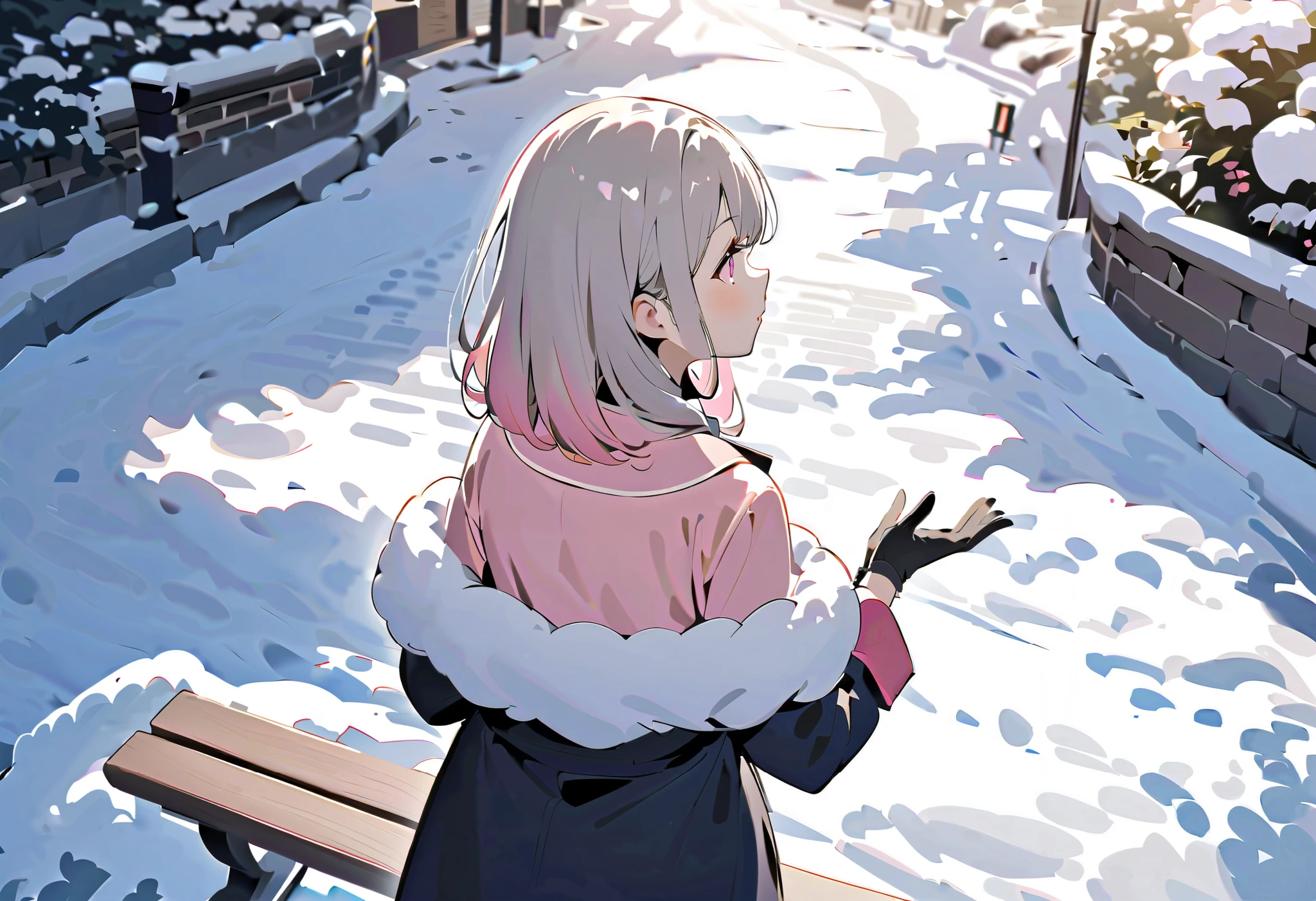 back view、Bench with snow piled up 、 Snowy Streetscapes 、雪の空を looks up at the 、 back view、Snow trails 、Profile gazing into the distance、 starry sky を looks up at the 、 Rear View、Backwards、 snowy white road 、 white snow road 、 gloves、 muffler 、 White Breath、 starry sky 、、 raise your face、 knight の冬街、 Illuminations、 amazing light、 knight 、 thick boa coat 、 long coat and 、 muffler 、、 wear a thick coat 、 sing around the city for the winter sky 、snowy town、asymmetry bangs, swept bangs.,extends hands、 、{{{masterpiece}}}, {{{ top quality}}}, {{ super detailed }}, {beautiful detailed eye}, 1 girl ,Alone, (( gray hair)),(bangs), Angle from above、 looks up at the , girl ,Midea,eye、 dynamic angle 、Long gray hair、 pink hair 、Alone、 medium hair 、白い medium hair 、 long hair、 bob hair、 long sleeve pink shirt with white collar {x} 肩くらいまで伸びる gray hair 、 pink hair with pink tips 、 medium hair ー、 hair inner color is pink 、 hair down shoulder 、 pretty girl 、Detailed eye、Anime、 Shirogane Noel、 black skirt、 hair down shoulder 、Alone、 1 girl 、E art style 、 The light shines 、Beautiful Shadows、Alone、
