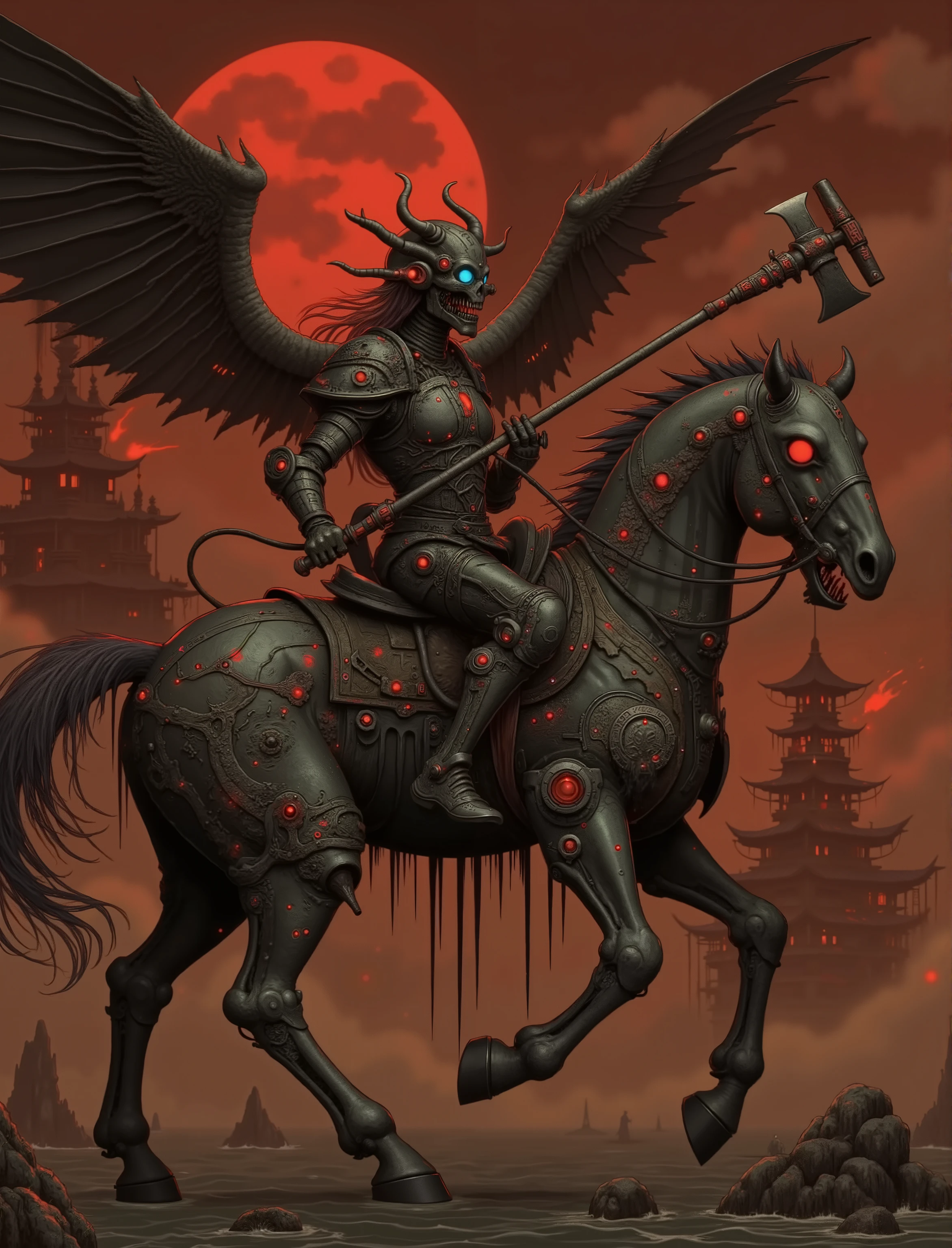 (Ultra-detailed face, Looking away, Fantasy Illustration with Gothic, Ukiyo-e. Dark tone colors. Red floating tower city. A winter night with a black moon rising. A mechanized warrior on a warhorse of the dead holds the reins.), BREAK 
(The mechanized warrior is armored with thorns and glowing rune letters. The joints show several cables and green glowing parts. It has no mouth and has blue-white glowing mechanical eyes. In each hand, he holds up a battle axe with a double-edged blade at the end of a long handle.), BREAK 
(The warhorse of the dead has a body made of bone, and its harness is old and painfully tattered. Its head is covered with scissor-like horns, and a red flame burns between the horns. It has a long, shaggy mane and tail. From its mouth and hooves it breathes flames like the fires of hell.)