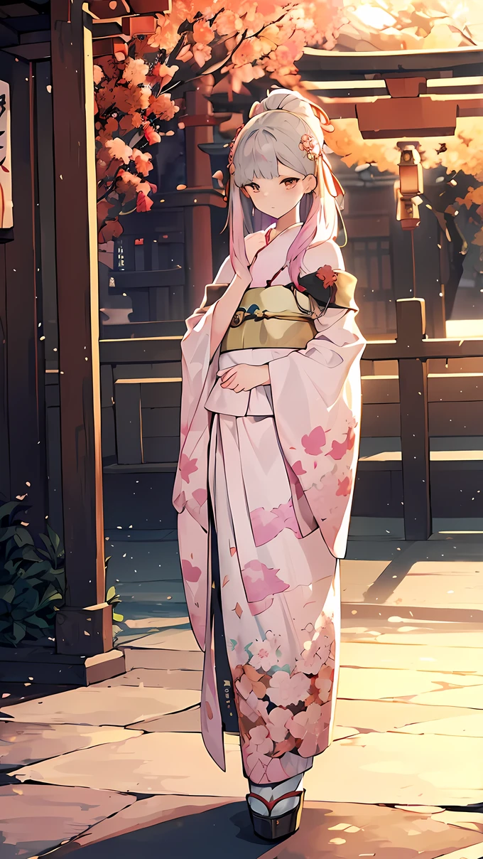 ((best quality)), ((masterpiece)), (detailed), perfect face, (best quality), (detailed skin:1.3), (intricate details), A young Japanese girl wearing a beautiful traditional furisode kimono, adorned with vibrant floral patterns in shades of red, pink, and gold, walking gracefully through a serene Shinto shrine. She has a radiant smile and carries a small omamori charm in her hand. Her hair is elegantly styled with traditional kanzashi hair ornaments, and the sunlight filters through the torii gates, casting soft shadows. The setting includes a pathway lined with stone lanterns and trees, some of which are dusted with a light layer of snow, adding a seasonal touch to the tranquil scene. A sense of joy and tradition fills the air, reflecting the festive atmosphere of a New Year’s Day visit.