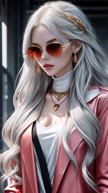  long silvery hair ,  hair is sharp like a needle , with hair partially standing on end, eyes are large and slender ,Eyes are golden,The pupils are long and thin ,  white skin like snow  , orange sunglasses , slit eyes ,Crimson Lips,Fancy Necklace, accessories, pink gold jacket , white shirt,