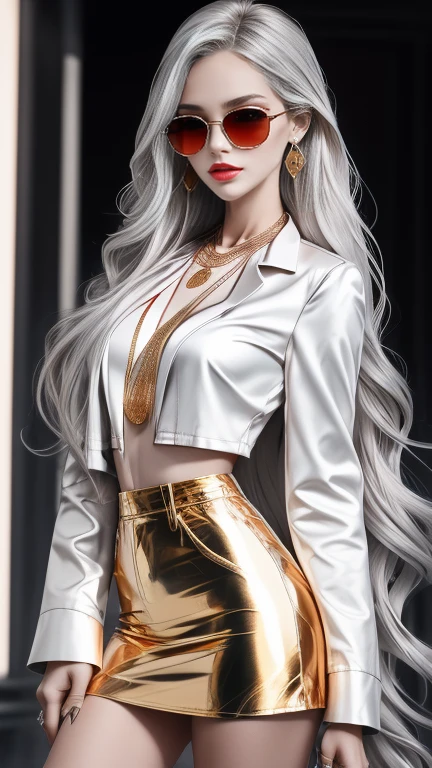  long silvery hair ,  hair is sharp like a needle , with hair partially standing on end, eyes are large and slender ,Eyes are golden,The pupils are long and thin ,  white skin like snow  , orange sunglasses , slit eyes ,Crimson Lips,Fancy Necklace, accessories, pink gold jacket , white shirt,