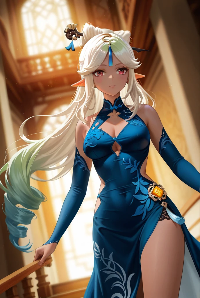 1girl, medium breast, anime screencap, masterpiece, dark elf, ear elf, dark skin, best quality, green hair, Drill Hair, Athletic Female Physique, wearing ningguang outfit, (style of azure lane),(style of genshin impact) , 8k high quality detailed art, 2. 5 d cgi anime fantasy artwork, detailed digital anime art, extremely detailed artgerm, beautiful alluring anime woman, , cinematic lighting , cinematic angle, soft light , color detail, backlighting, Depth of field, long exposure, light steps, intricate colors, vibrant colors,HDR,cinematic lighting , cinematic angle, soft light , color detail, backlighting, Depth of field, long exposure, light steps 