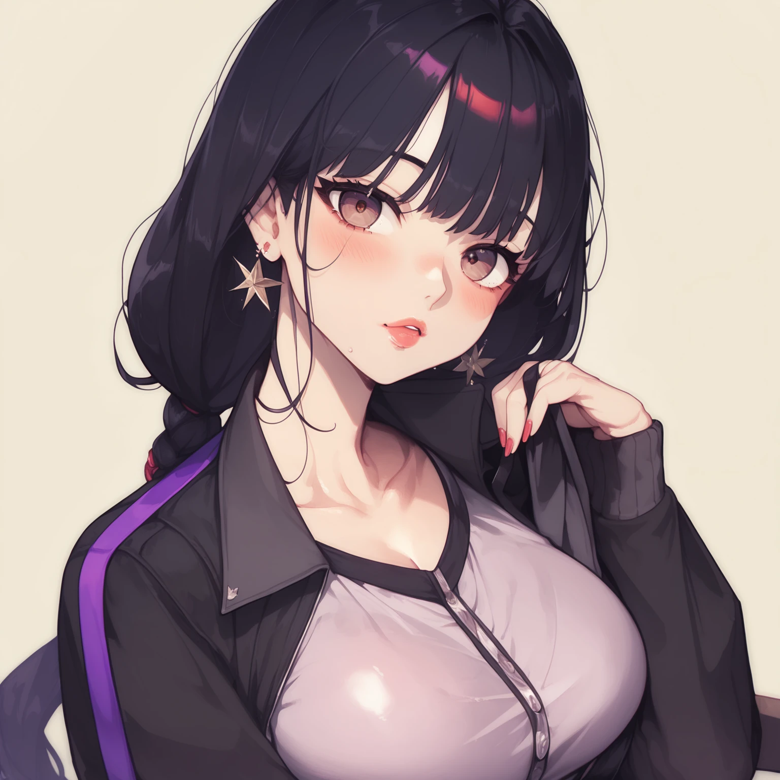 1girl, bangs, bare_shoulders, black_hair, blush, breasts, gradient, gradient_background, grey_background, (hair_between_eyes:1.47), hand_in_hair, large_breasts, long_hair, long_sleeves, looking_at_viewer, multicolored_hair, off_shoulder, open_mouth, pink_hair, purple_eyes, shirt, sidelocks, solo, streaked_hair, two-tone_hair, upper_body, white_shirt