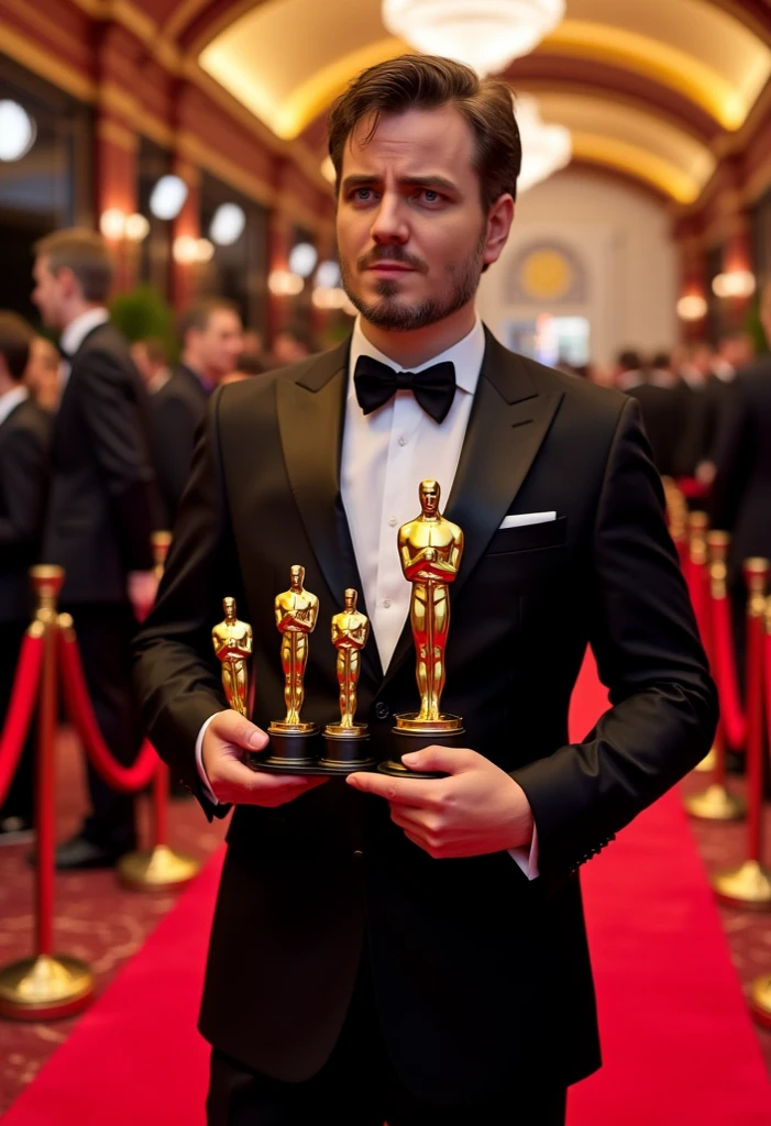 white brunette in a tuxedo with three Oscars in his hands posing on the red carpet, lilamaddyson