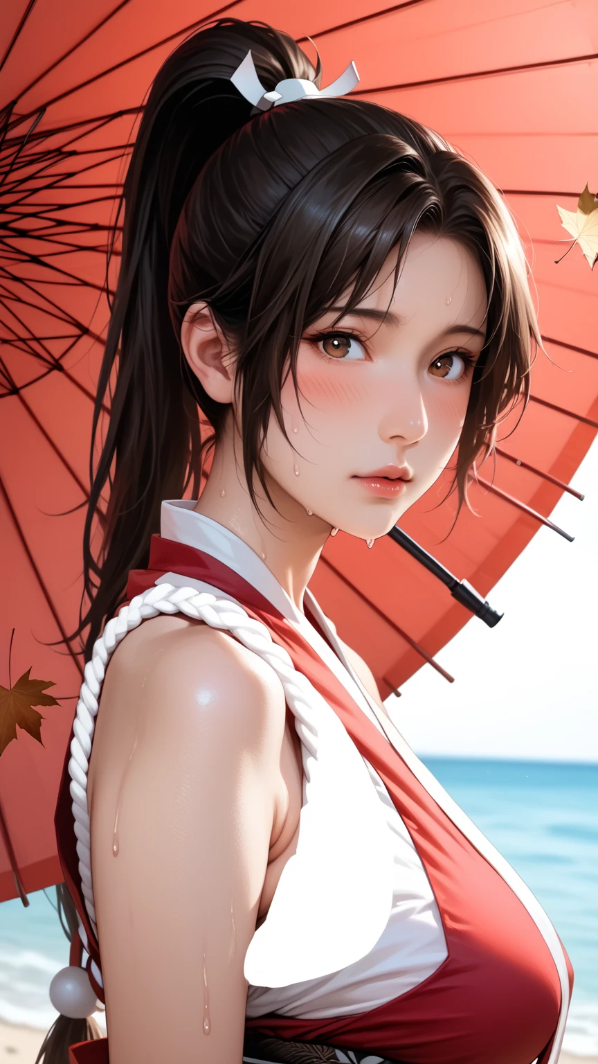 score_9,score_8_up,score_7_up,high res image,masterpiece,best quality,realistic,Mai Shiranui,(plump:1.7),(black pupil:1.2),(brown black hair:1.3),(High ponytail:1.3),(blush:1.3),(sweat:1.3),(from_side:1.3),(facing the camera:1.4),(umbrella:1.3),(cowboy_shot:1.3),(maple_leaf:1.2),(turn to look at the camera:1.3),(revealing japanese clothes, pelvic curtain:1.5),