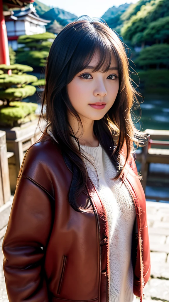 1girl, coat, hood, jacket, ((duffle coat)), down jacket, lips, lipstick, plaid, plaid_skirt, realistic, skirt, solo, standing, best quality, photorealistic, masterpiece, 8k, high res, solo, (((woman))), (medium breast), ((looking at the viewer)), (looking at the camera), (short hair), (professional lighting, bokeh),top angle view, extremely detailed face, fashionable and trendy atmosphere, japan, street, park, river, sakura, sakura blossom, ((daytime)), (portrait:0.6), seductive smile, gorgeous, floating hair, (light particles, lens flare, glowing particles:0.6), (dynamic pose:1.2), soft lighting, brown hair, full body, narrow face, smile, camera, <lora:AV_Kumakura:0.8>
