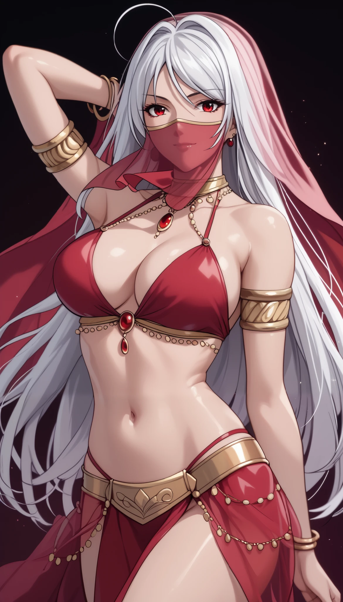 vampire moka akashiya, long hair, red eyes, ahoge, white hair, large breasts, arabian clothes, dancer, mouth veil, belly dancing, veil, armlet,, light smile,Shiny Hair、Tight waist、Small waist、Glowing Skin、(white background:1.2)、eight-headed body、Beauty、