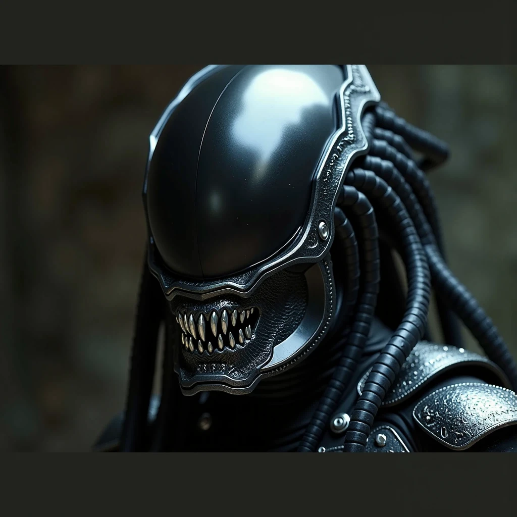 A male Yautja, wearing sleek, black chitinous tech-stealth armor made from the carapace of an Alien arthropod turned into a sleek black stealth suit, over which the character is wearing a masked PREDATOR helmet, face-mask without-eyes, the PREDATOR mask's lower half closely resembles the clenched, snarling teeth/fangs of the xenomorph alien as designed by artist H.R. Giger (From the ALIEN films) The mask has no visible eyes, only a smooth, black visor, and the wide, grinning Jaws of the alien drone creature. Jaws are closed, appearing more as if having been carved into the mask as an aesthetic alteration, fangs are chrome-colored and clean, sleek, and sharp, in a wide, toothy grin over the bottom half of the Predator biomask,the fangs are metallic silver, very sharp, and shining chrome, with no gaps between each tooth, character is wearing a vibrant red tattered, billowing shoulder-cape, and a plasma-caster (predator shoulder-cannon) on the opposite shoulder