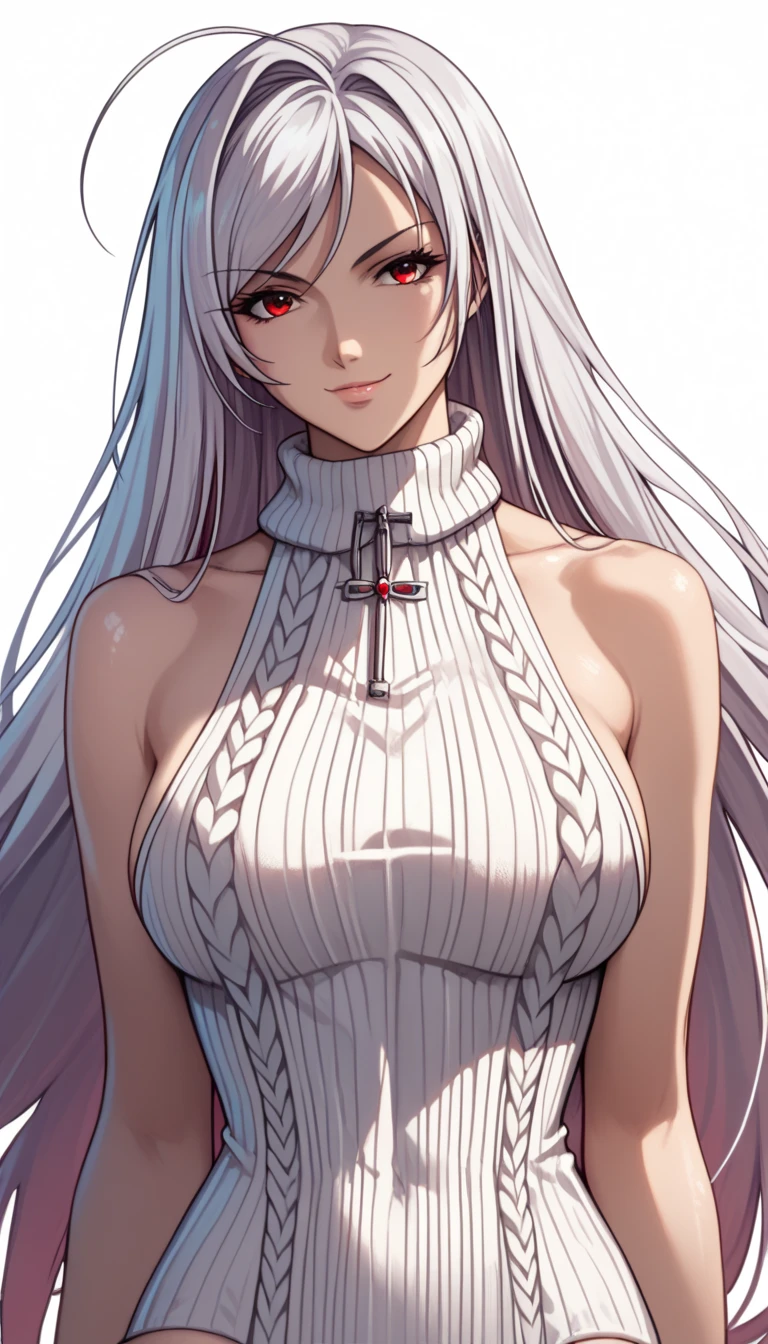 vampire moka akashiya, long hair, red eyes, ahoge, white hair, large breasts, virgin destroyer sweater, light smile,Shiny Hair、Tight waist、Small waist、Glowing Skin、(white background:1.2)、eight-headed body、Beauty、