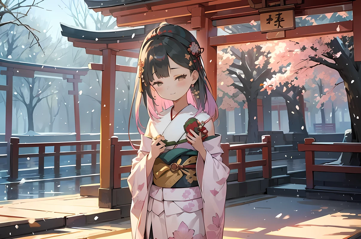 ((best quality)), ((masterpiece)), (detailed), perfect face, (best quality), (detailed skin:1.3), (intricate details), A young Japanese girl wearing a beautiful traditional furisode kimono, adorned with vibrant floral patterns in shades of red, pink, and gold, walking gracefully through a serene Shinto shrine. She has a radiant smile and carries a small omamori charm in her hand. Her hair is elegantly styled with traditional kanzashi hair ornaments, and the sunlight filters through the torii gates, casting soft shadows. The setting includes a pathway lined with stone lanterns and trees, some of which are dusted with a light layer of snow, adding a seasonal touch to the tranquil scene. A sense of joy and tradition fills the air, reflecting the festive atmosphere of a New Year’s Day visit.