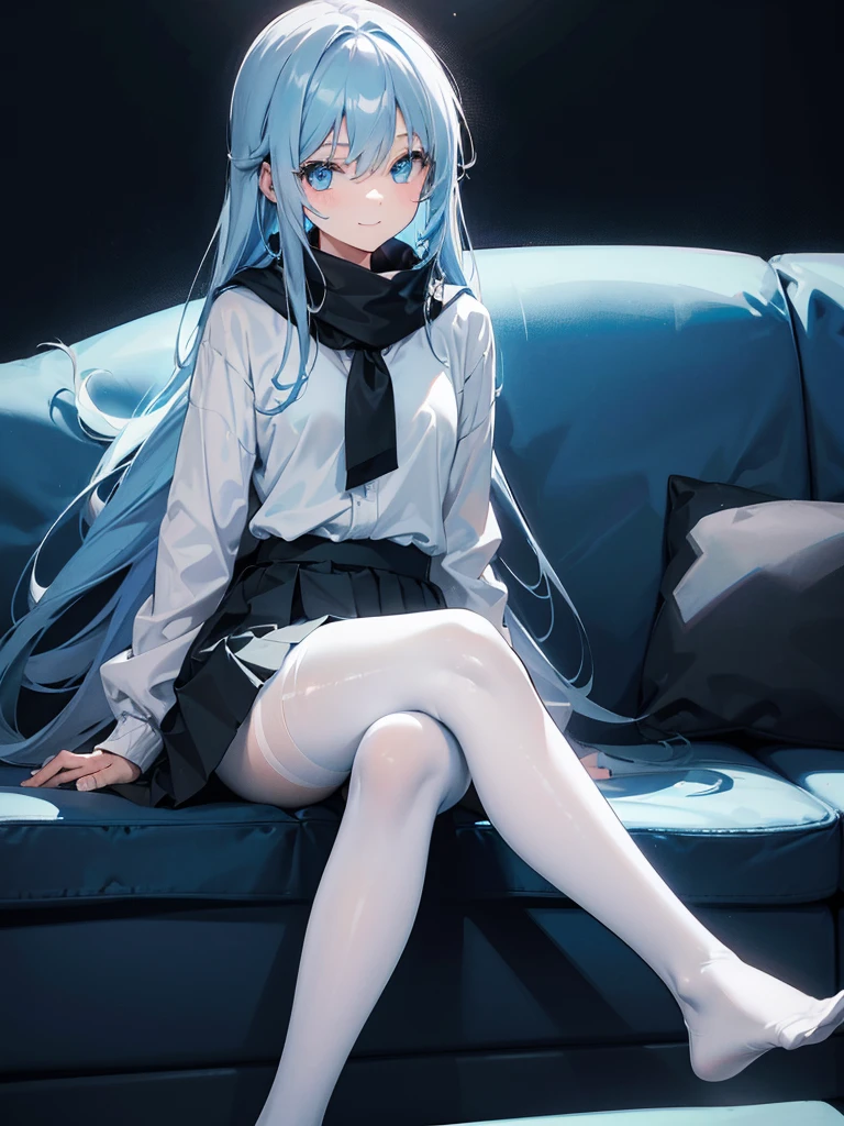 Long light blue and white hair，Black colored eyes，A silver necklace that shines like a star，Delicate makeup and glossy face，rcasual, Loose and simple cream sweatshirt，Slim and smooth legs，is a sweet girl