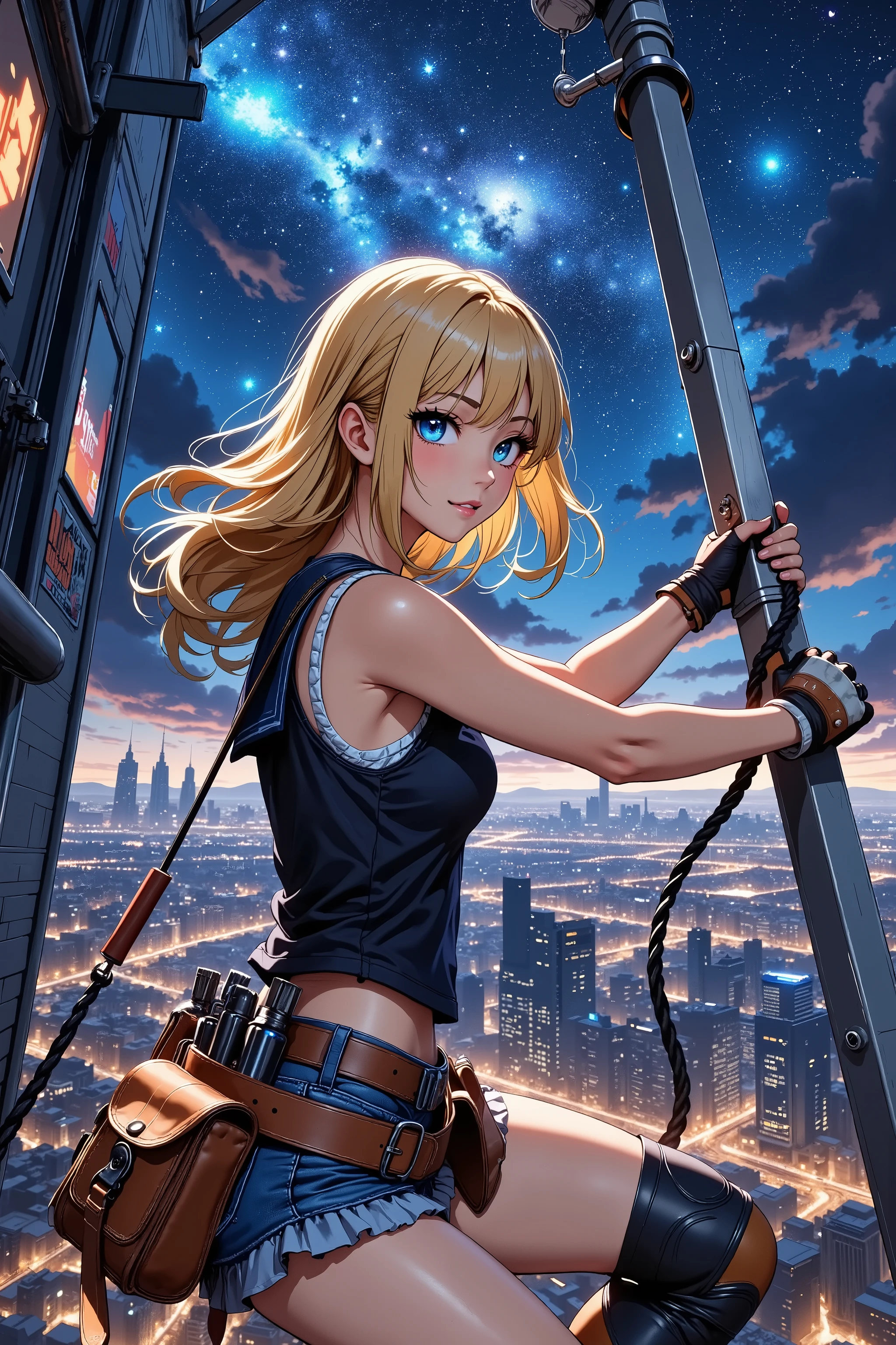  1 girl doing electrical work　,　I wear a lot of tools on my waist belt ,  tanned leather tool belt,   tank top  ,Steel tower top light replacement , climbs the steel tower,Lifeline ,Beautiful starry sky,Big city night view、Yellow Hair、 Regent Hair 