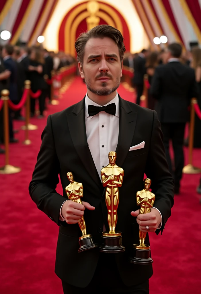 white brunette in a tuxedo with three Oscars in his hands posing on the red carpet, lilamaddyson