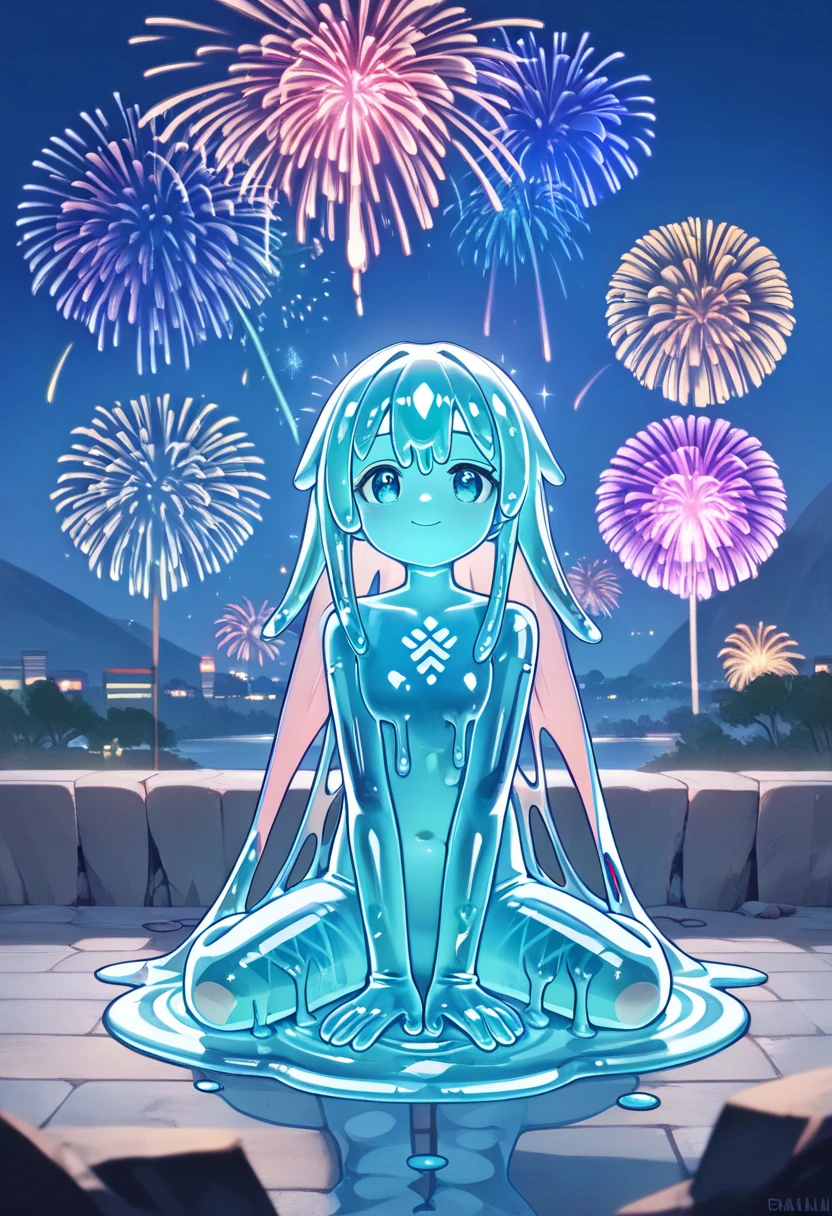 PonyScores7, source_anime, hi res, masterpiece, best quality, highres, ((Fireworks Master)),Mainly composed of fireworks, Fireworks display beyond imagination, cheerful smile, never seen, (1 slime girl), (cute smile), (best impact:1.5), (maximalism:1.7), vivid contrast, High resolution, super detailed, absurd, (fractal art:1.3), random hairstyle, full body shot, accurate focus, random pose, cinema 4d, sitting and looking up at the fireworks, fireworks go off in the distance, naked, uncensored, puddle, goo, without leg, transparent slime, half body, melted, outside cave, looking at the sky (detailed skin:1.3), (detailed eyes), (sharp focus)