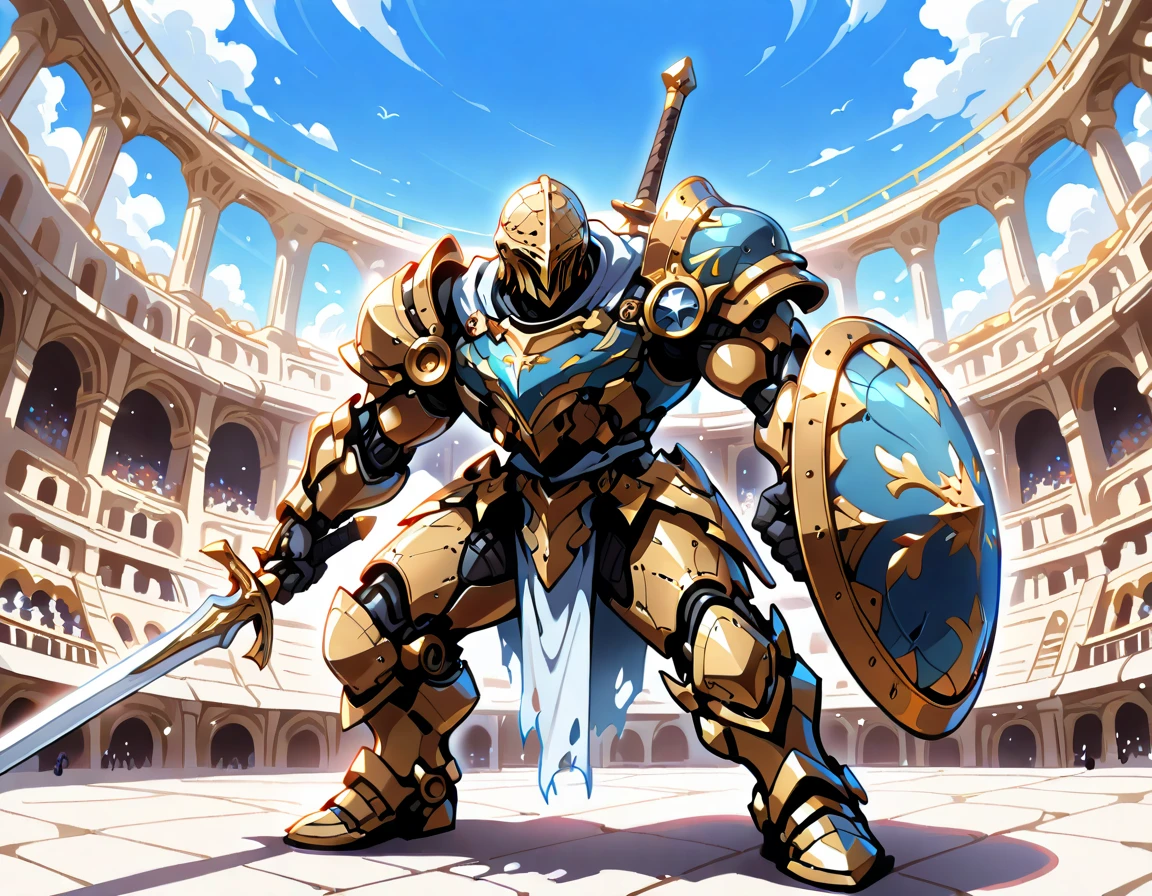  high res, masterpiece,  High Quality ,  Ultra Fine, Roman Colosseum,ロボットsword闘士,sword,shield,fight