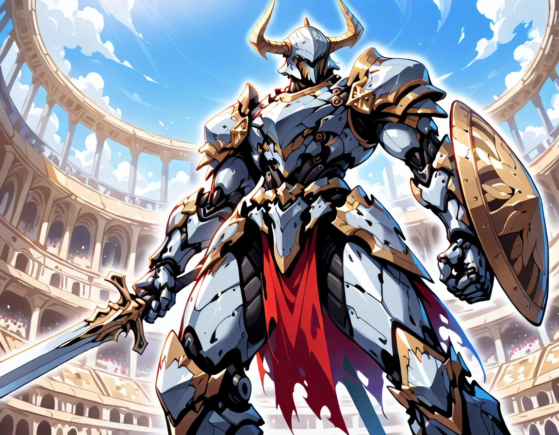  high res, masterpiece,  High Quality ,  Ultra Fine, Roman Colosseum,ロボットsword闘士,sword,shield,fight