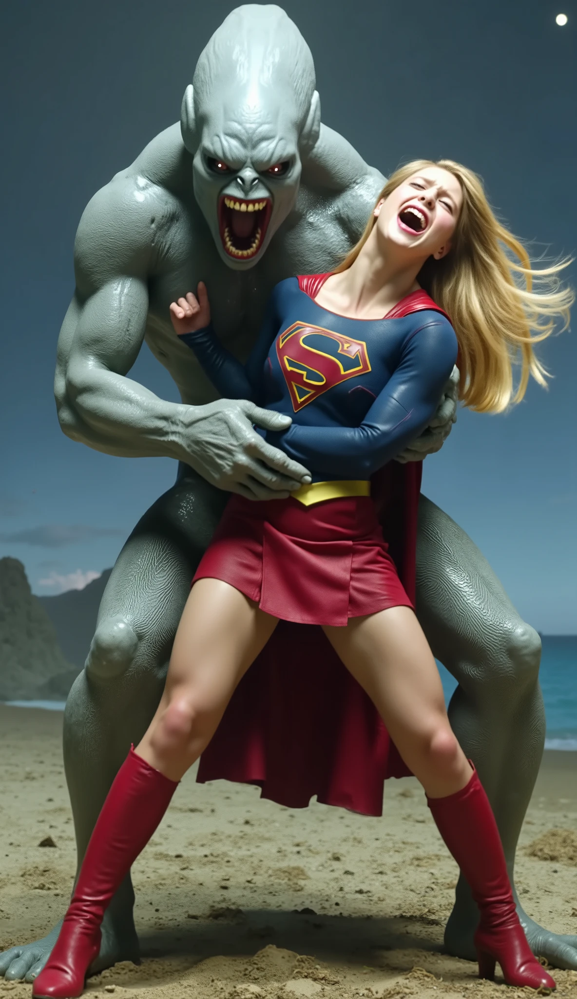 Supergirl is fighting with a big alien monster, very bright white skin, can see whole body, She is wearing a thin black pantyhose, short red leather fabric skirt, red knee height long boots, blonde hair, lighting green collar on her neck, She is screaming in pain, seriously injured, painful, a huge body fierce Alien Monster hold and carry Supergirl body, the Alien Monster seize her body tightly and bite her neck, photorealistic, hyper realistic, night time on the Mar with moon lighting,