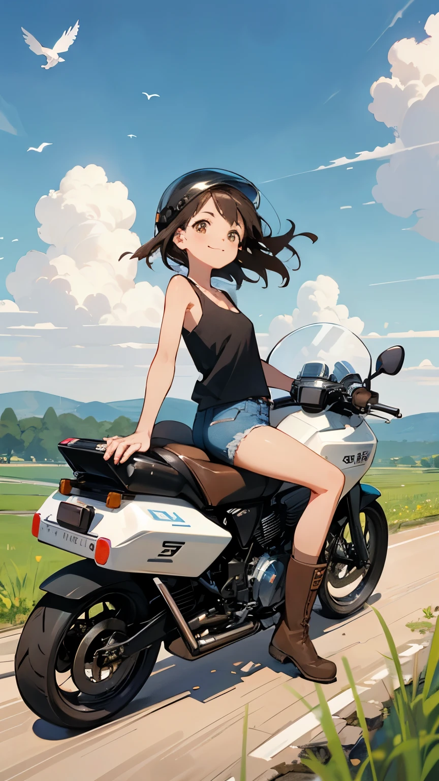 Highest quality、(One Girl Vintage_Riding on motorcycle)、Dark brown shortcuts、He is wearing a jet helmet、The helmet has a black and white line running from front to back in the center.。.、White tank top、Pink rider's jacket、Denim shorts、White knee-high socks、Brown Work Boots、Japanese countryside scenery、Streamside path、Small Creek、Dirt roads、Weeds growing on the side of the road、blue sky、Floating white clouds、Early summer sky、Sky blue color bike、Birds are flying、smile