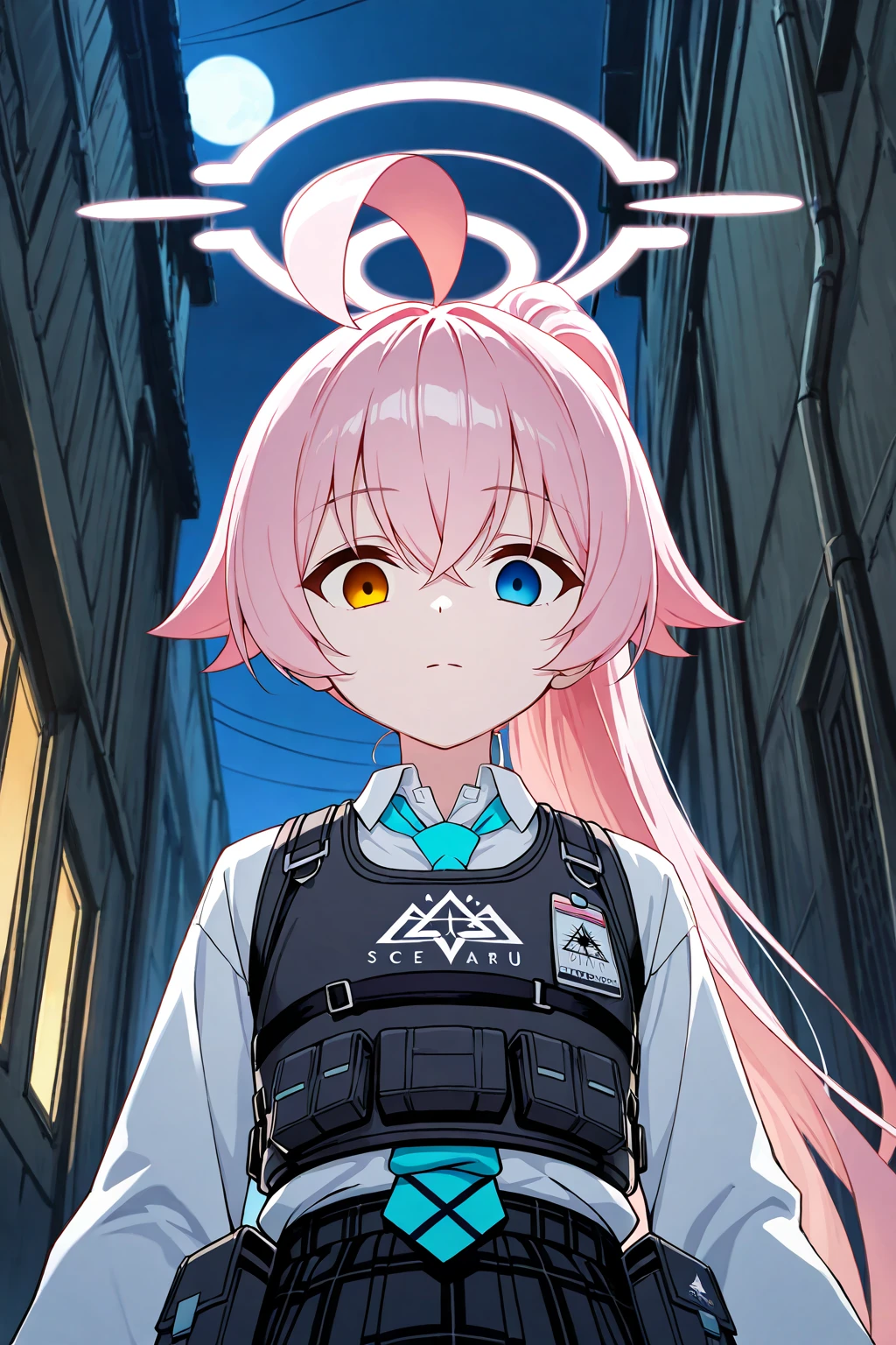 score_9, score_8, score_7, score_6_up, source_anime BREAK 1girl, solo, hoshino-armed,hoshino \(blue archive\), heterochromia,long hair,ponytail,pink hair,ahoge,halo,armor vest,white shirt,pouch,pleated skirt,,gloves, expressionless, closed mouth, empty eyes, wide-eyed, outdoors, night back alley, ducht angle, face focus, looking down, upper body, point a gun at the viewer