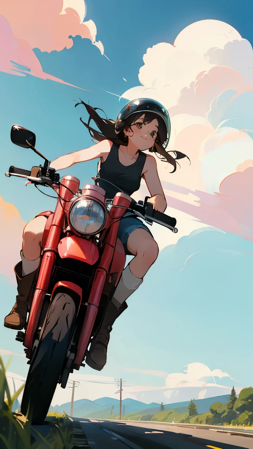 Highest quality、(One Girl Vintage_Riding on motorcycle)、Dark brown shortcuts、He is wearing a jet helmet、The helmet has a black and white line running from front to back in the center.。.、White tank top、Pink rider's jacket、Denim shorts、White knee-high socks、Brown Work Boots、Japanese countryside scenery、Streamside path、Small Creek、Dirt roads、Weeds growing on the side of the road、blue sky、Floating white clouds、Early summer sky、Sky blue color bike、Birds are flying、smile