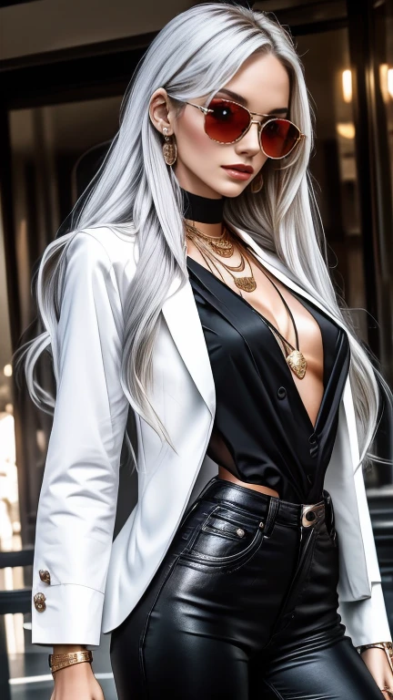  long silvery hair ,  hair is sharp like a needle , with hair partially standing on end, eyes are large and slender ,Eyes are golden,The pupils are long and thin ,  white skin like snow  , orange sunglasses , slit eyes ,Crimson Lips,Fancy Necklace, accessories, pink gold jacket , white shirt,