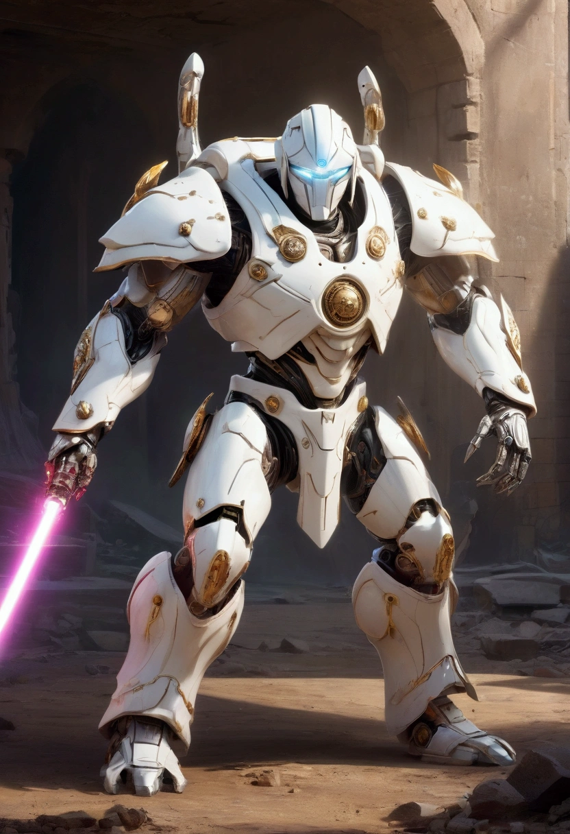 White robot gladiator  , giant humanoid combat weapon , Smart body ,  holds a beam saber that emits light ,  uses a beam shield as a shield  , background:Battle zone using abandoned colonies