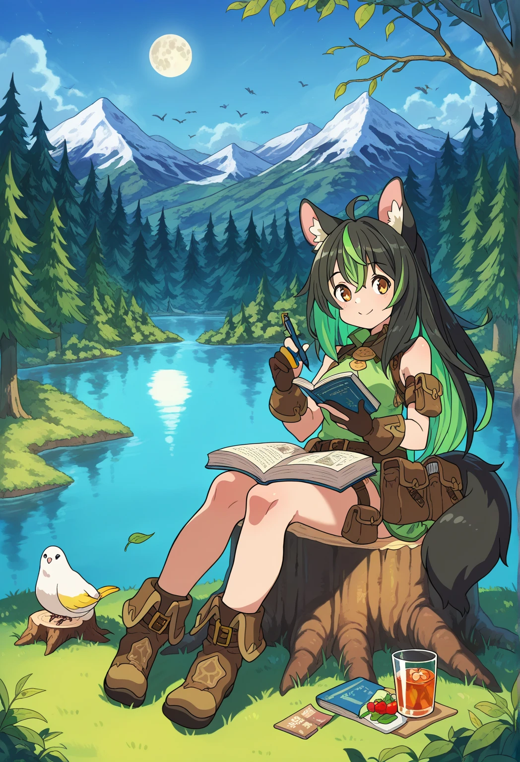 masterpiece,  top quality ,,  1 girl,  sitting, animal, animal ears, bird, black_hair, Books, Booksmark, branch,  gloves, glass, green hair,  holding,  holding Books, Food, Food down, leaf,  watching viewers, multicolored hair, open_Books, partially fingerless  gloves, pen, plant, Pouch, 羽pen, read,  sitting, smile, Alone, Tail, tree, tree stump,, null,  moon, Mountain, forest, lake