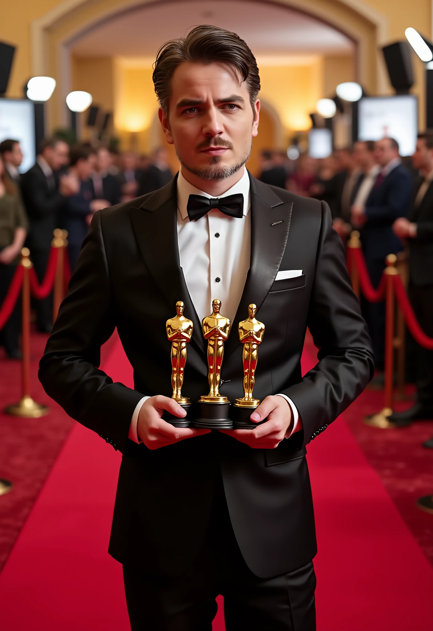 white brunette in a tuxedo with three Oscars in his hands posing on the red carpet, lilamaddyson