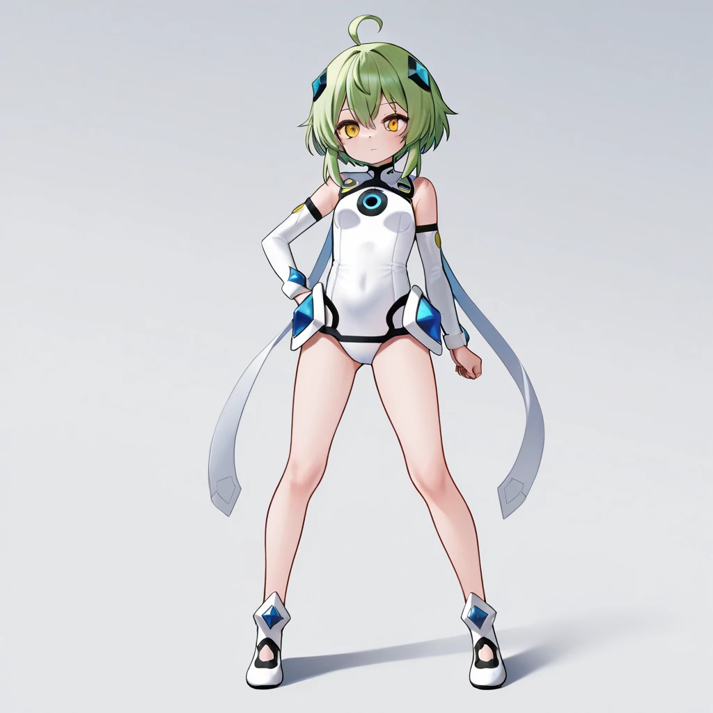 an AI taking human form, full body, female, short green hair, yellow eyes, white leotard with yellow details and black parts, traces of technology on the clothing, blue crystals, green 0 and 1 bit trails,