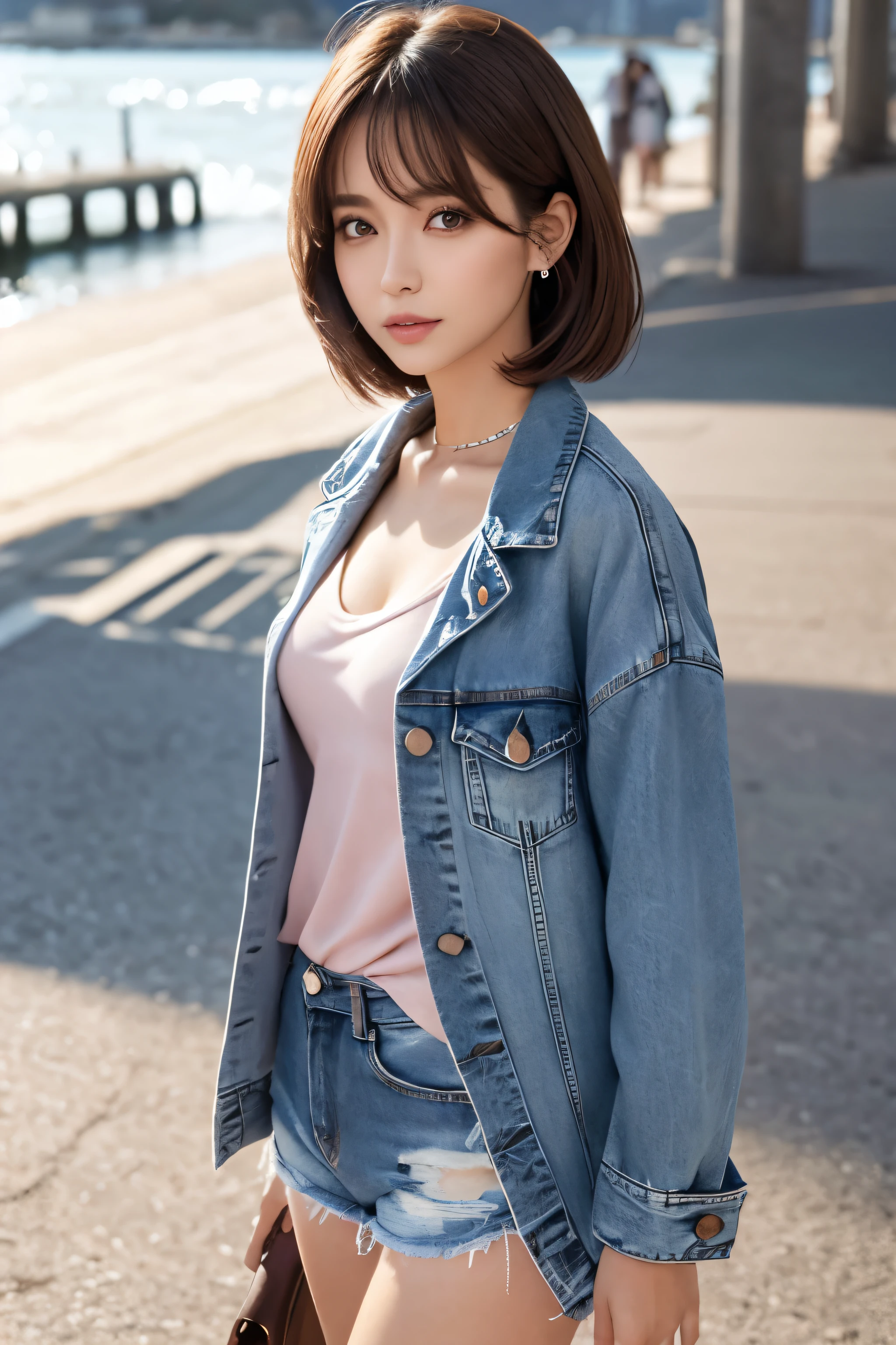 highest quality, masterpiece, Ultra-high resolution, (Reality: 1.4), Original photo, One girl, mature, happy smile, short hair, plump body, , Cinema Lighting, from below, button gap