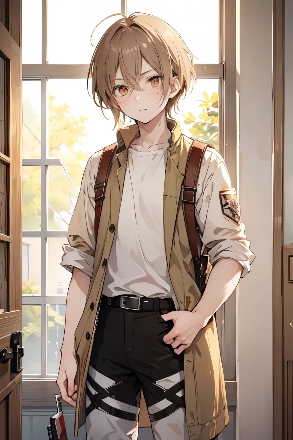  Shingeki no kyojin style A teenage boy with light brown hair that is semi-long and messy, highlighted freckles ,medium-white and brown skin, honey eyes, an attractive boy 