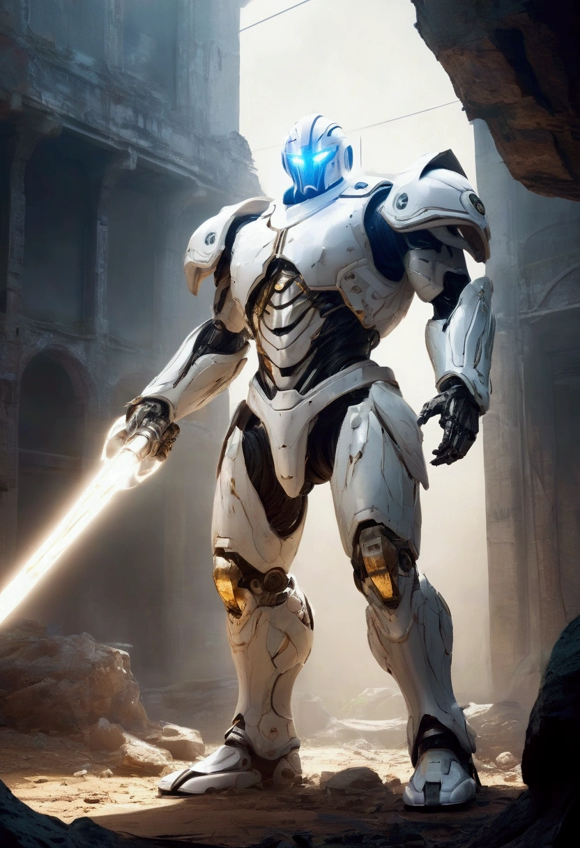 White robot gladiator  , giant humanoid combat weapon , Smart body ,  holds a beam saber that emits light ,  uses a beam shield as a shield  , background:Battle zone using abandoned colonies