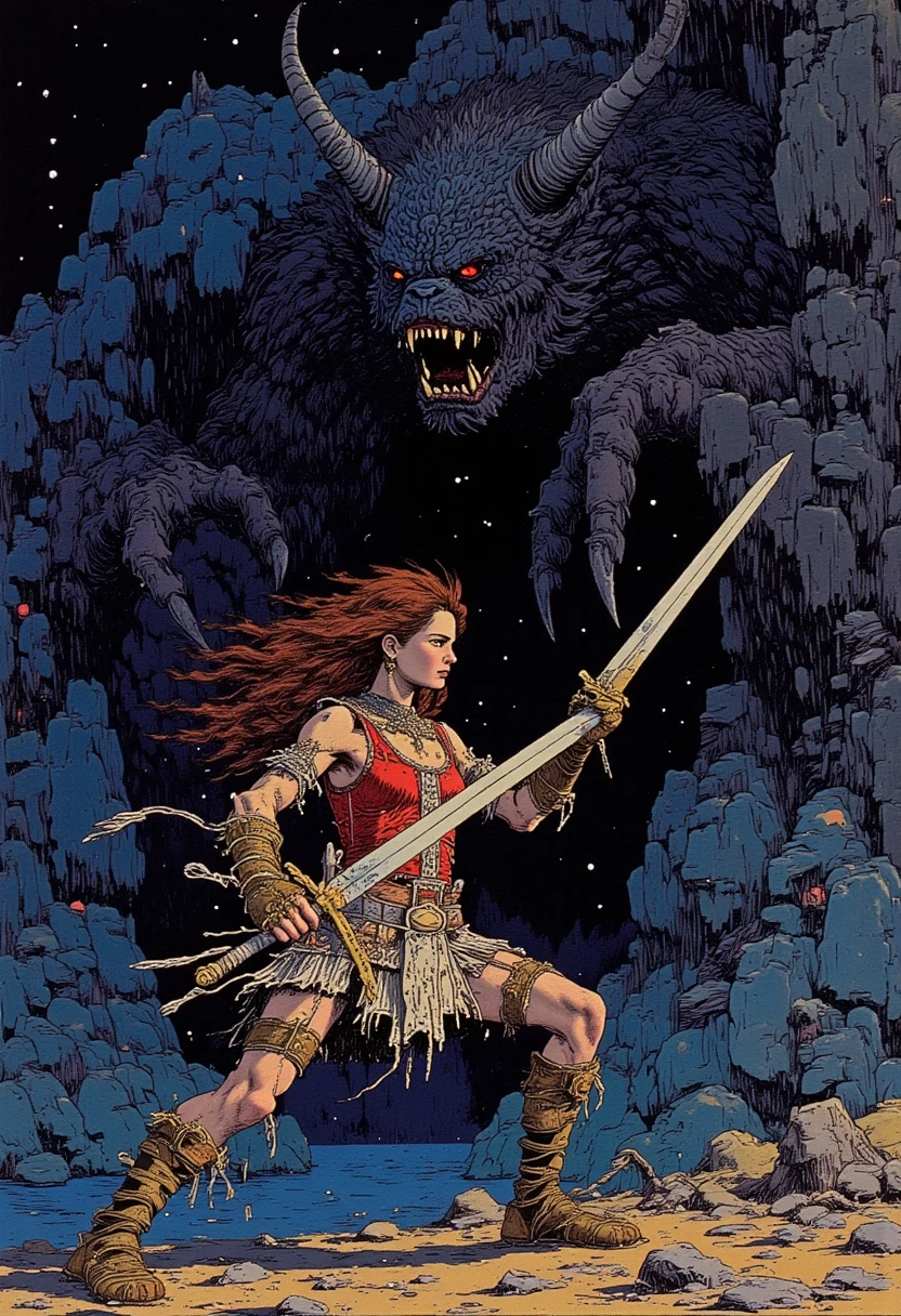 barbarian girl in fighting stance with sword looking towards attacking monster, dark blue background, dominates lithographic cinematic painting, mixed media print showcasing advanced organic technology, clear engraved outlines on subtle bokeh background, warm morning rays with subtle shadows, subtle textured background . In the style of Frank Frazetta. 3D stone finishing, exquisite long strokes, volumetric, dramatic lighting intertwined with sandstone texture, print transfer technique, resin gloss texture, oil, resin, grainy textures enhancing tactile aesthetics, aerial perspective breaking through the darkness, mystical elements with spotlights on a rusty background. Textures highlighting details, bright colors enhance the mood of the work of art. In the style of Frank Frazetta.