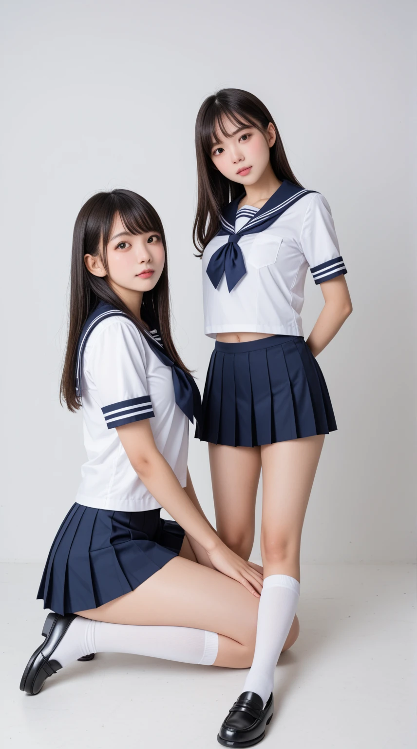 two asian women in  sailor suits posing for a picture,  Two Japanese high school girls posing , wearing Japanese School Uniform, Japanese School Uniform,   Japanese high school girl uniform、 Massaging Breasts 、( sisters with a strong sexual desire who are dying to have sex)、 realistic young gravure idol  ,  young skinny gravure idol,  sailor suit、 school uniform、  wearing a navy pleated skirt、Point your ass at the viewer 、 emphasizes buttocks 、 oily skin 、 back view、upskirt、日本人女子学生が着ている sailor suit、  navy sailor color  、 School Swimsuit、 black knee high socks、 loafer shoes、 realistic atmosphere， cute girl，Young ****，*********，かわいい sailor suit、 big breasts with firmness、 big tight butt 、Junior high school students