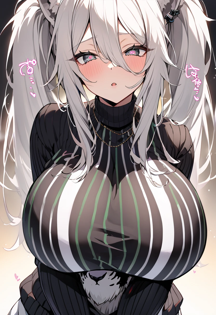   Shishirabotan、  Black knitted outfit 、 vertical striped sweater 、  black sweater、huge breasts:1.5、sagging breast:1.5、  1 girl、  Portrait、 Speaking Heart 、  focus on faces 、  straight hair  、  twin tails、  slightly disheveled hair、White Lion、Vertical white lines on clothes,heart in eyes, ハートアイ