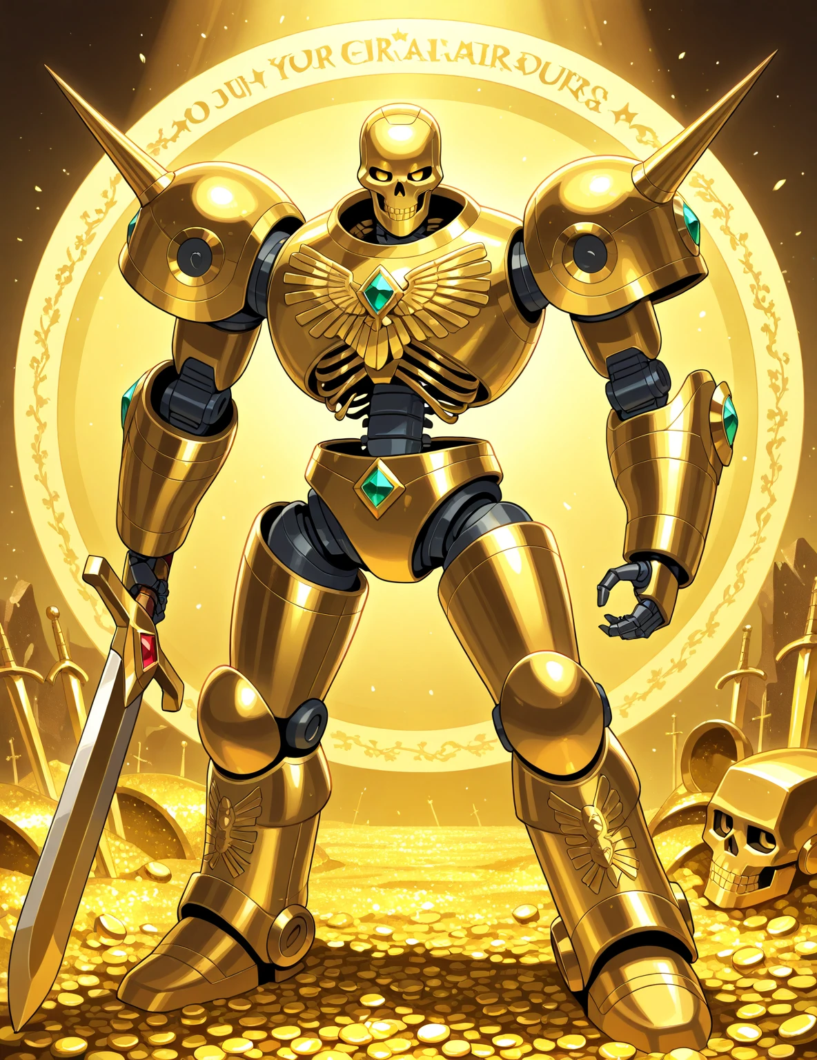  Robot with a Skeleton Head,Two-Way,Robot with lower body ,Precise machine body , Skeleton with a Long Face ,Holding a Western sword,Two-Way,Protect your treasure, gold,jewel,Robo Gladiator