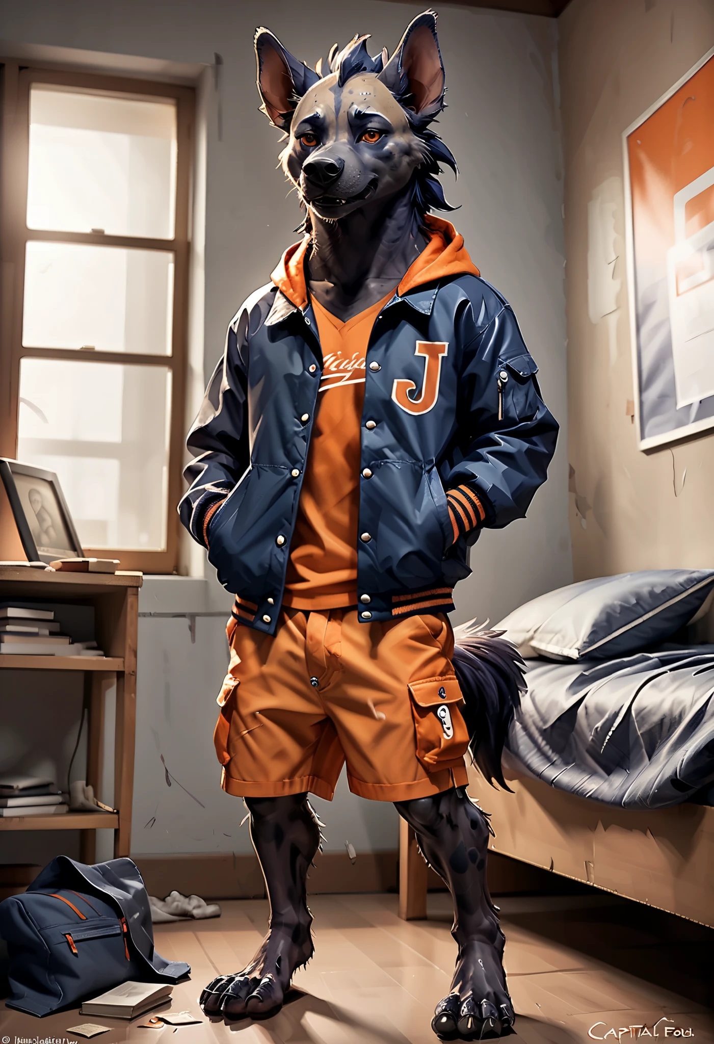 score_9, score_8_up, score_7_up, dripping.
(((Janja))), hefty anthro hyena boy, full body, solo, young school hyena boy, college_jacket, two-tone jacket, (((orange and indigo jacket))), (((jacket with capital letter J))), capital letter "J" on the jacket, orange sleeves, (((indigo middle part of jacket))), (((cargo half length pants, half pants, shorts))), indoors, bedroom, sport posters on walls, mess, nice feet paws with claws, (((canine feet))), (((four toes))), (((foot focus))), (((showing feet to viever)))