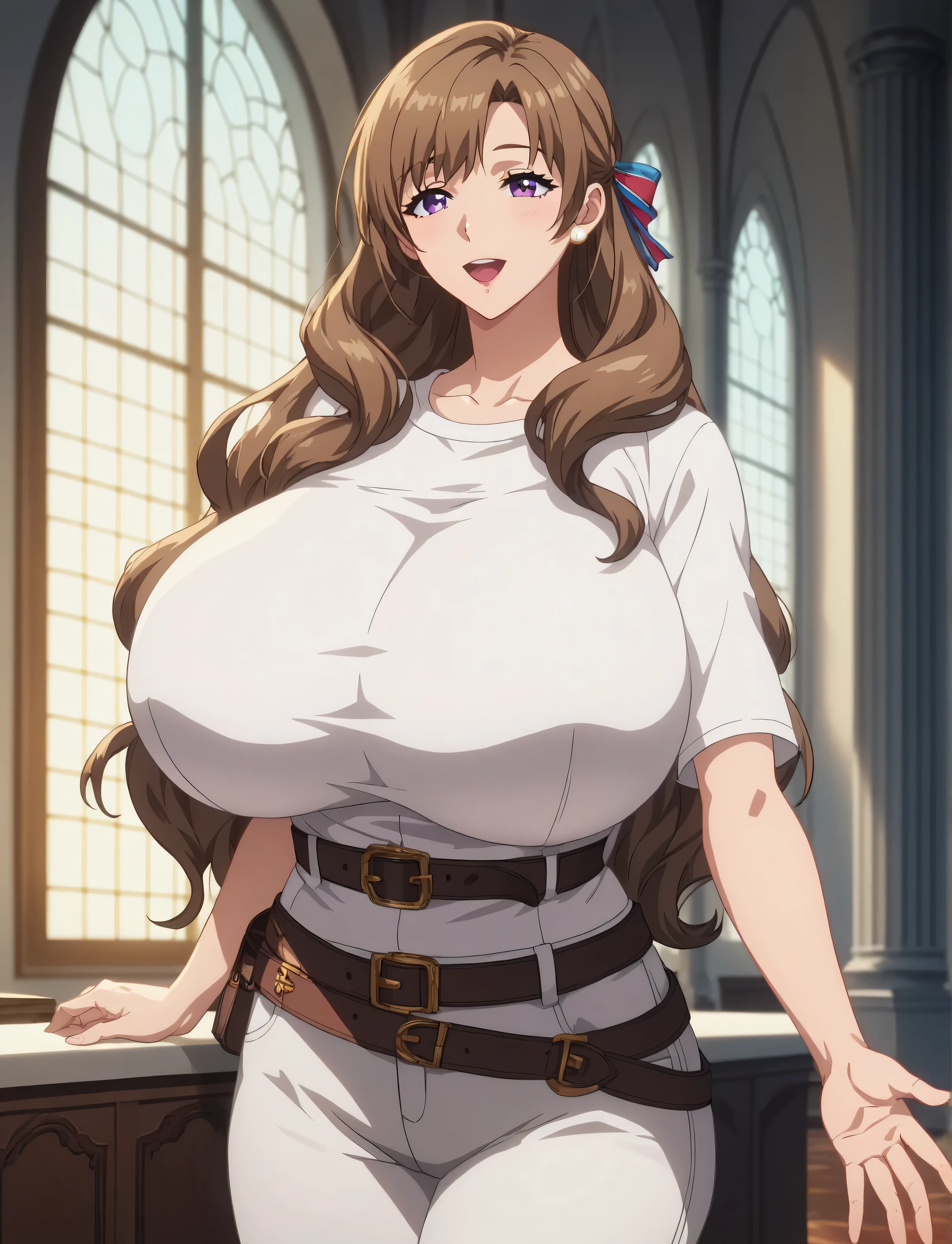 masterpiece, best quality, anime screenscap, mamako, brown hair, long hair, purple eyes, ((mature female, sexy body, massive breasts)) ribbon hair, white t-shirt, short sleeves, belt, white pants, natural shading, lighting, detailed fingers, perfect body, showcase, beautiful, happy face, indoors, mansion, simple backround,