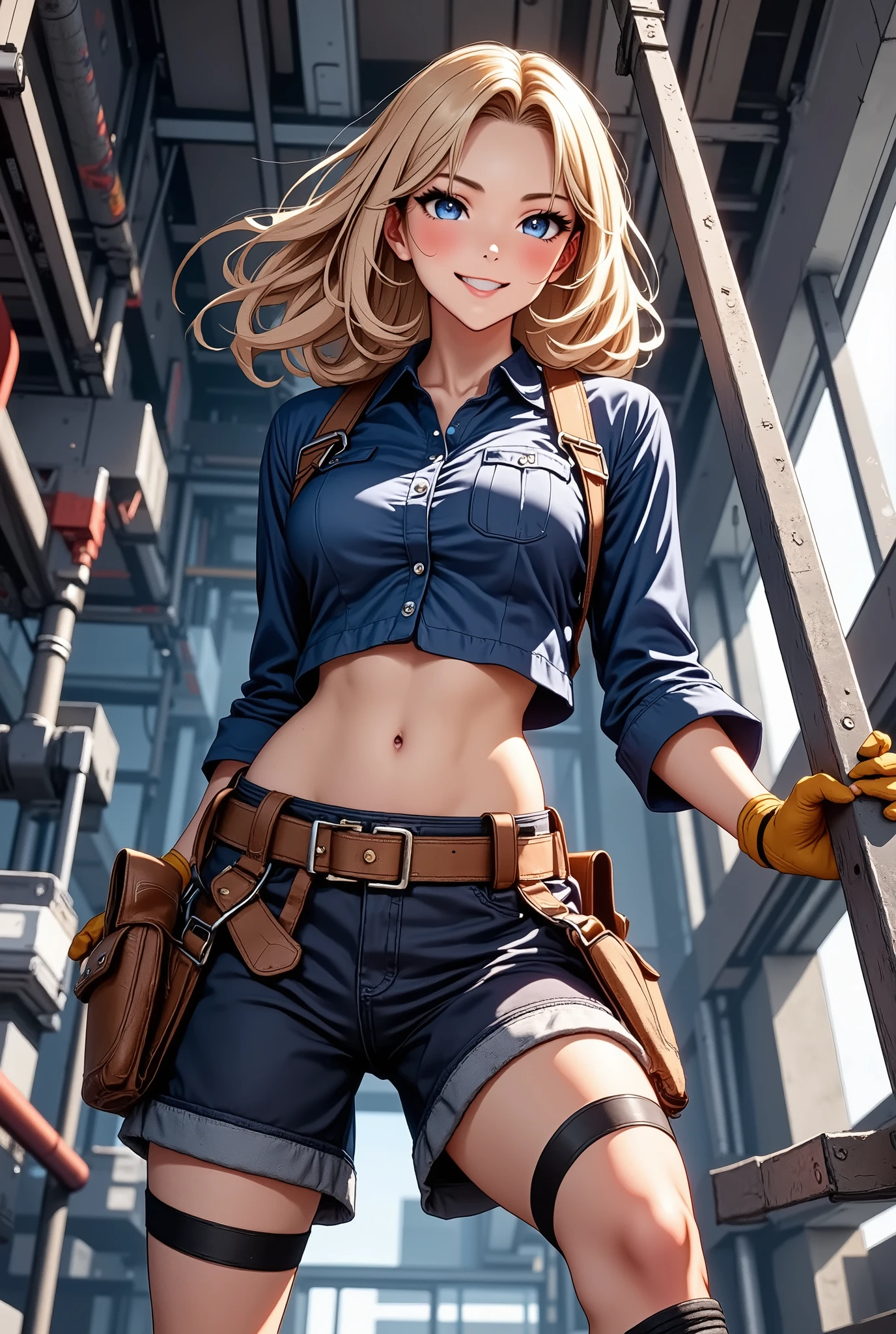 Beautiful woman doing electrical work, stepladder、Tanned leather tool belt filled with electrician tools、Full Harness