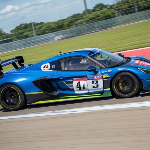 A racer takes a corner at a kart race, behind the wheel. Dressed in a bright blue racing suit, the image captures him angling forward. In the background of the circuit, green grass and an exciting racing atmosphere unfold as spectators look on. In the background, you can see the race cars rounding corners at high speed and mechanics in the paddock. Bright sunlight illuminates the racetrack, and the colorful cars and spectators are eye-catching. The dynamic composition was designed to capture the feeling of a speedy moment, ((masterpiece)), ((best quality)), (ultra-detailed), ((beautiful eyes)), Japanese female, (slender:1.3), ((30 years old)), beautiful,