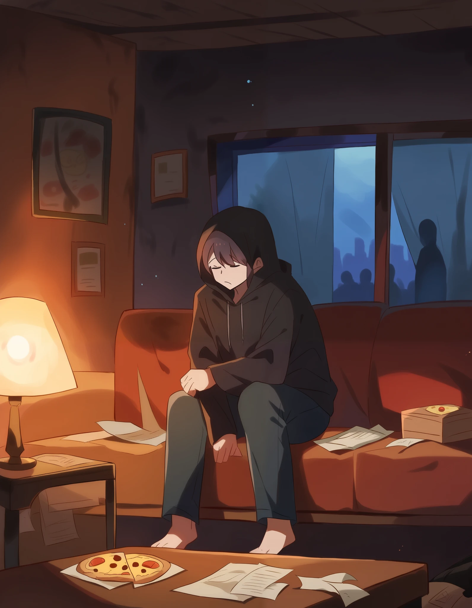 Jay, a young man with short black hair, wearing a dark hoodie and black jeans, sits on a worn-out couch in a cluttered living room. His posture is slightly slouched, legs apart, and hands resting on his knees, exuding a mix of frustration and contemplation. The dimly lit room has pizza boxes and crumpled papers scattered on a small coffee table in front of him, with a faint light coming from a window behind, adding a somber atmosphere that matches Jay's pensive mood.