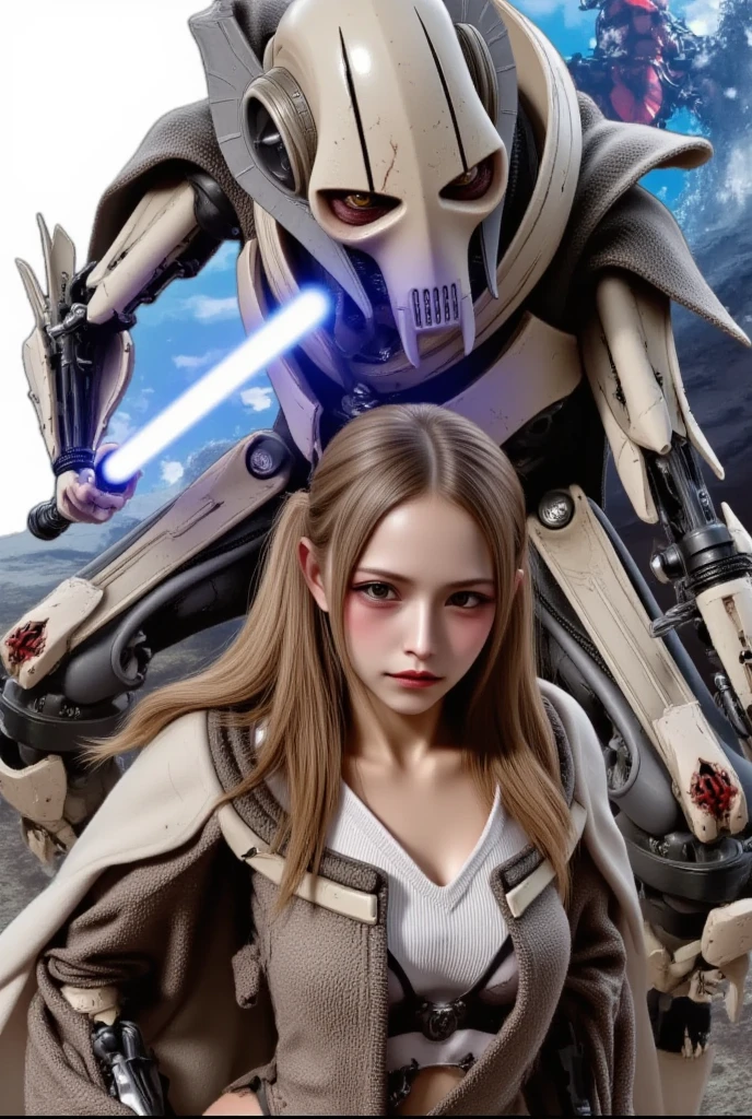 General Grievous and a cute girl engaged in an intense  battle, dynamic action scene, realistic style, sci-fi elements, detailed character designs, vibrant colors, dramatic lighting, Star Wars universe, showing fierce expressions and fluid movements,(GeneralGrievous,cyborg,alien,mask,reptile eyes,slit pupils:1.3),robot sci-fi,masterpiece,top quality,super detailed,8K portrait,highly detailed,super detailed skin,highly detailed background,looking away:1.4