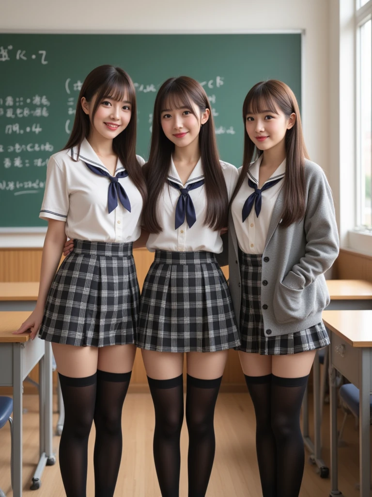 ( top quality , masterpiece, photorealistic,  super detailed ,  super high res, born:1.3), (3 women:1.3),  beautiful, 日本人の女子高born,  in the classroom, 学born服,Checkered high waist pleated mini skirt, ( black stockings),(smile), (bangs), ( long legs , whole body:1.2),  (Standing side by side)