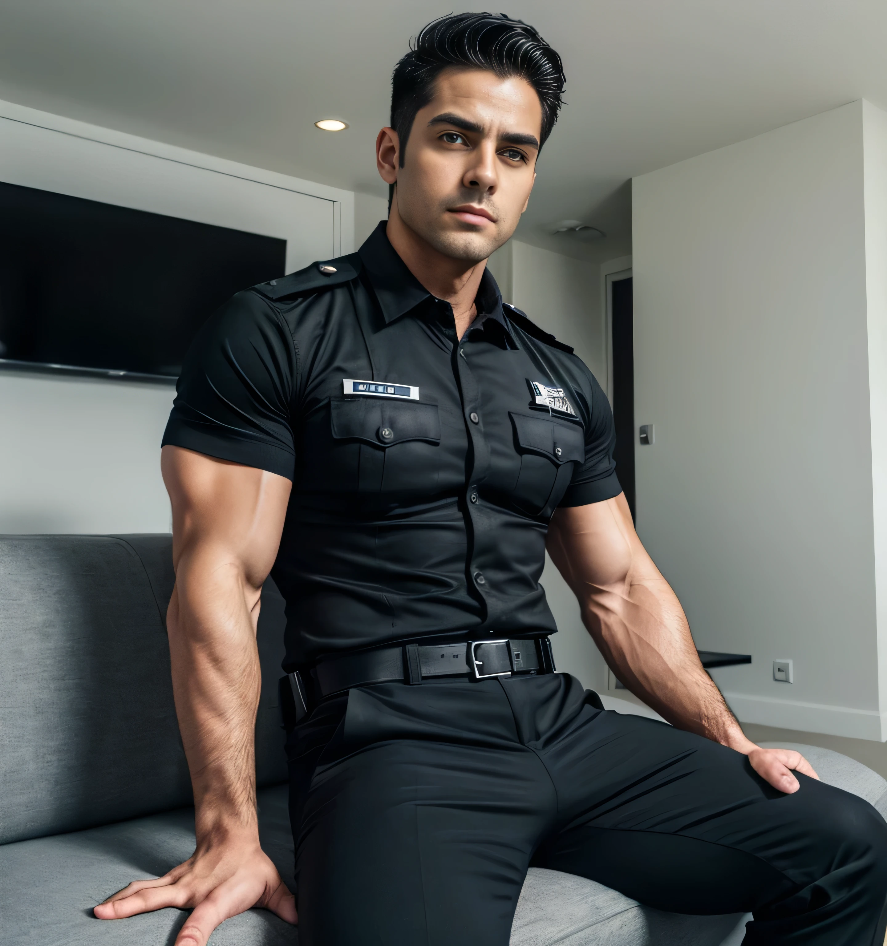 A handsome young Latino man, 20 years old, shirtless, military haircut, black hair, brown eyes, intense look, affiliated features, no facial hair, height 1.80, weight 65 kilos, aesthetic build, dressed in blue lycra pants, black riding boots, full body, posing like a professional wrestler, showing off his biceps, in an empty room, of an apartment