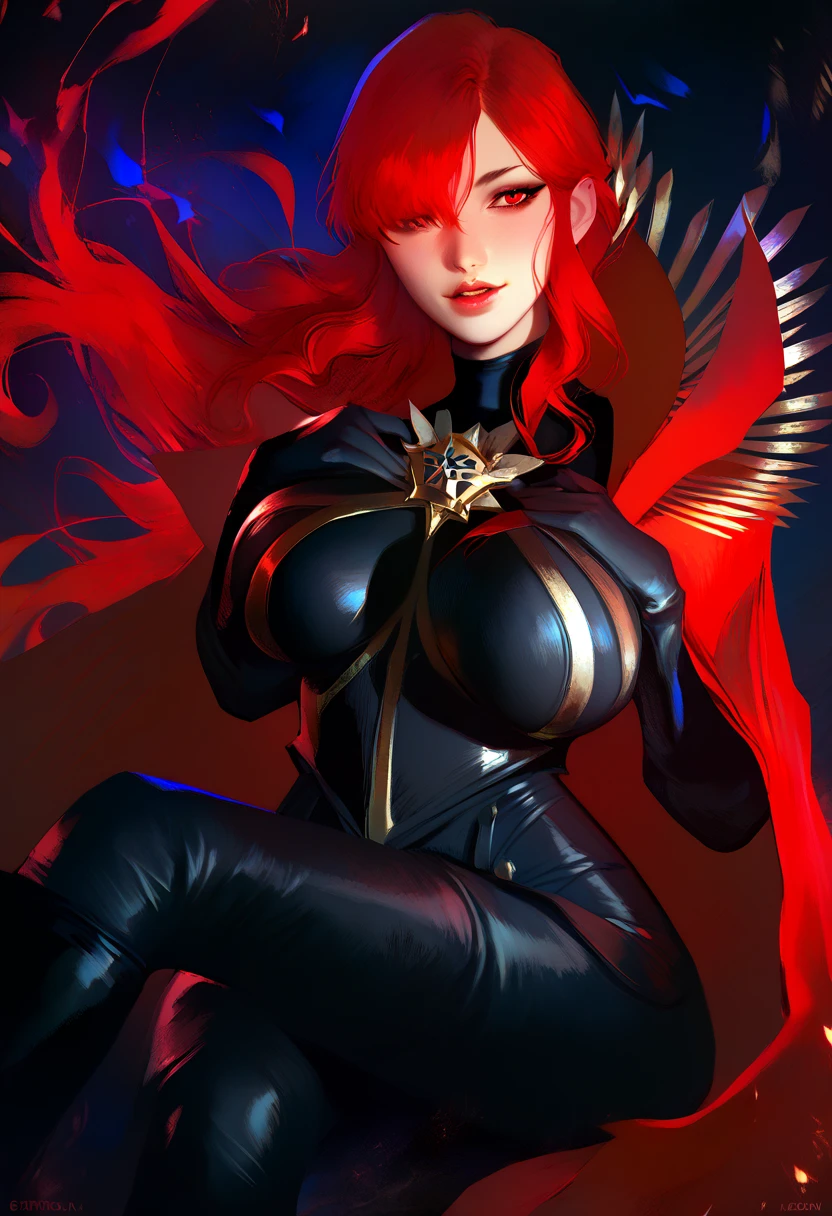 ((best quality, 4k, masterpiece, artwork)), Woman, red hair, horny face,  long red hair, anime, huge breasts,  red eyes , Alone,  hair over an eye, red cape, black latex Bodysuit, fringe, Bodysuit preto, horny pose, sitting a throne, her hand grabbing her breast 