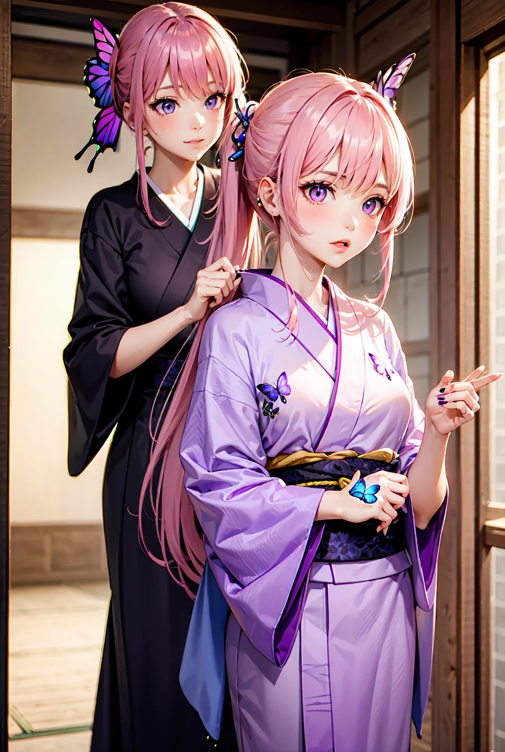 The upper part of the body、女の子1人、Pink hair、Bun hair、mansion、Purple Eye、Gorgeous kimono、cigarette、Having a cigarette、Medium Breath、Japan anime-style odd eye spell, rain falling