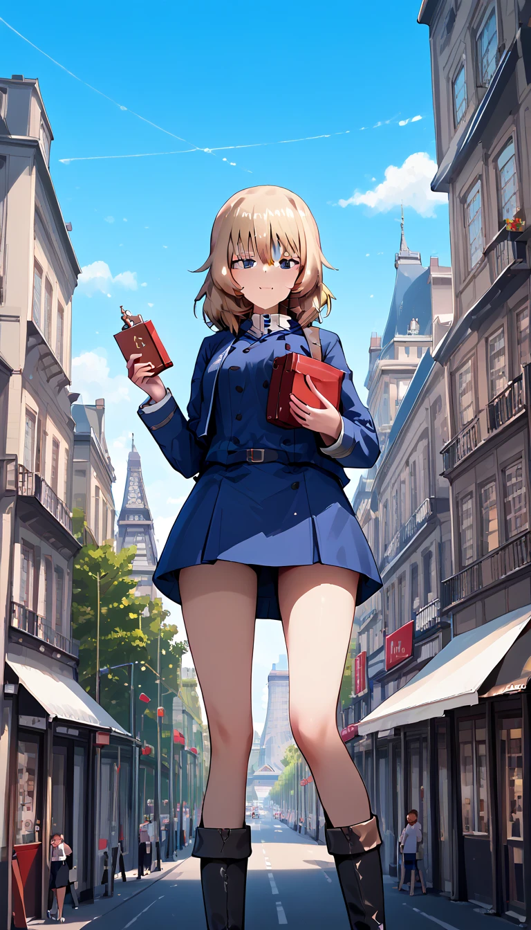 walked ( GIRLS and PANZER), Tiny city, Giantess, Only one girl, first-person view, anime, best quality, masterpiece,  highres icon,Woman holding a building,microcity