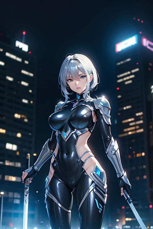  Future City,A beautiful woman-shaped robot,metallic skin,Metallic Suit,pocket,Gladiator, hold a Japanese sword