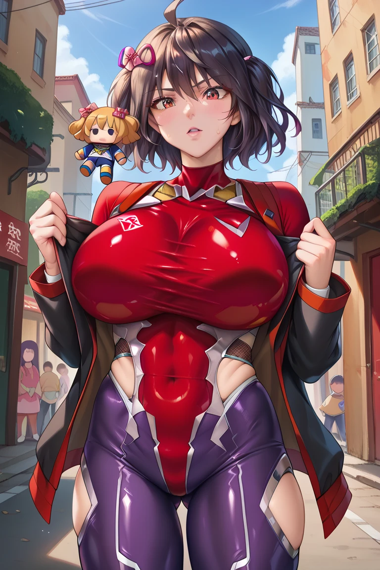  score_9,  score_8_ up,  score_7_ up,  score_6_ up,  score_5_ up,  score_4_ up, interruption source _Anime, viewers sweat a lot, 1 girl, Alone,, , bangs, underbust,  THIG-LENGTH SOCKS,huge breasts, (doll suit), (two breast), , dark alleyナイトシティ, kitasan black, taimanin suit, black suit
,