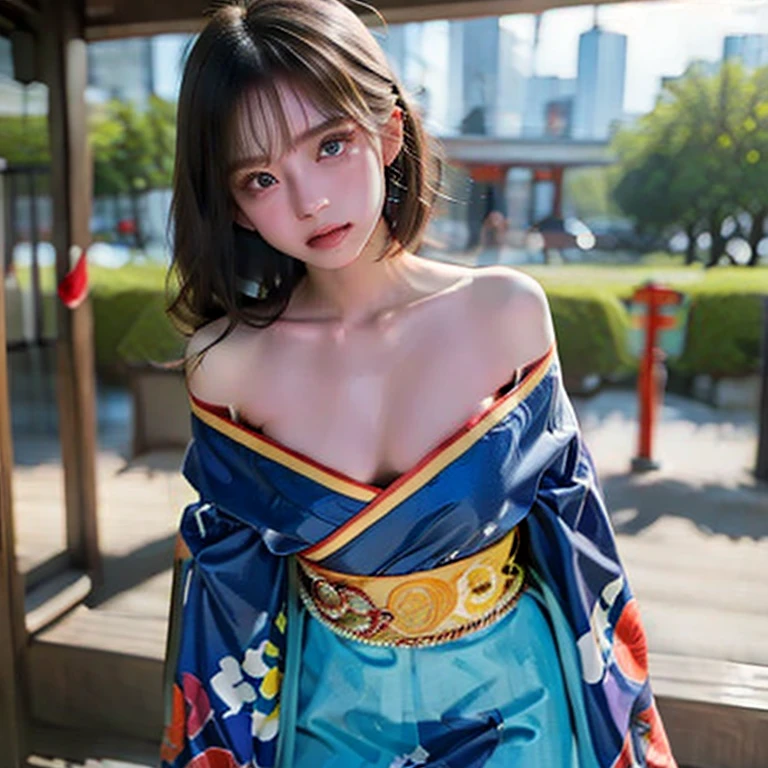 1 beautiful girl, Beautiful girl of the highest grade, Open mouth slightly, Realistic, extremely detailed CG unified 8k wallpaper, ighly detailed, High-definition raw color photos, professional photograpy, Realistic portrait, Cinematic Light, Beautiful detailed, (Naked:1.5), (very flat chest:1.5), Bare shoulders, (Floral yukata with wide open chest:1.5), Night festival, Staring at me, (Best Quality:1.4), Super Detail, High quality, masutepiece,